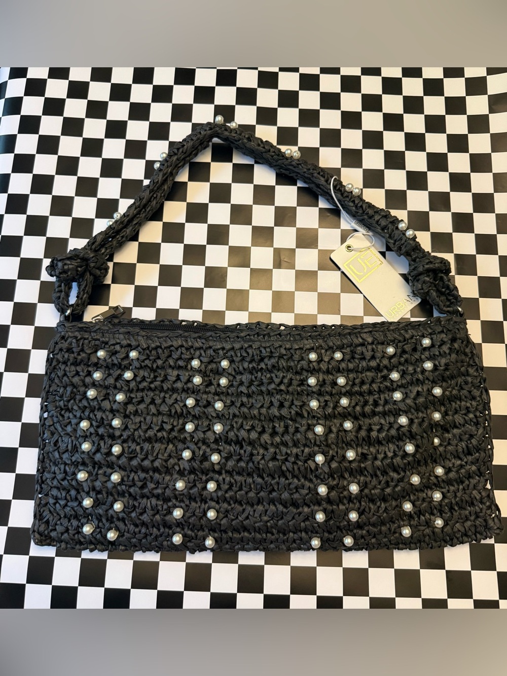 Urban Expressions Black Crochet Shoulder Bag with Pearl Accents